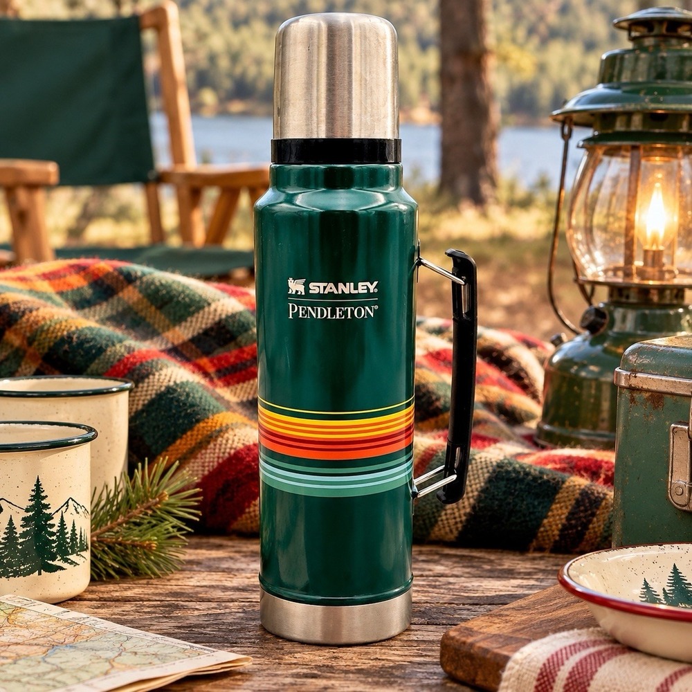 Pendleton Yakima Green Stripe Stanley 32oz Thermos Retro Camping 1Qt, Never Used